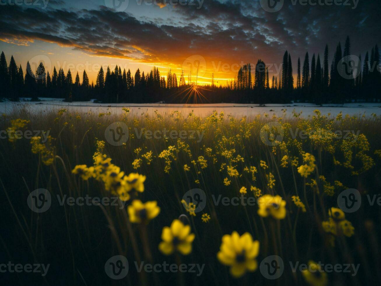 AI generated Glowing Fields of Winter Soft Focus Sunset Meadow with Yellow Flowers Nature's Embrace. A Symphony of Colors Warm Winter Sunset Meadow with Abstract Soft Focus Nature Harmony. photo