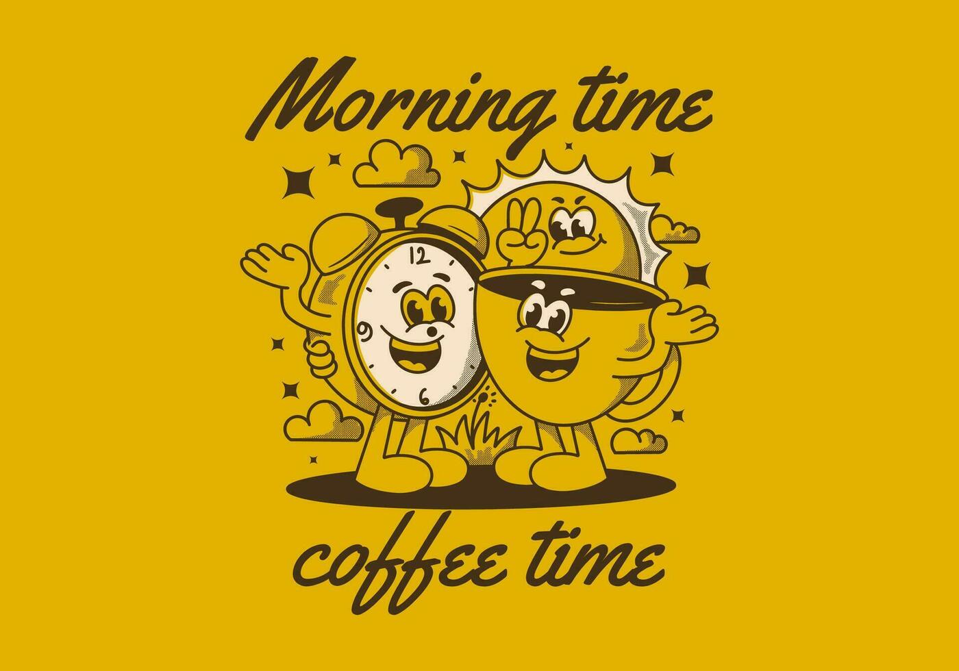 Morning time, coffee time. Mascot character of coffee cup, alarm clock and a sun vector