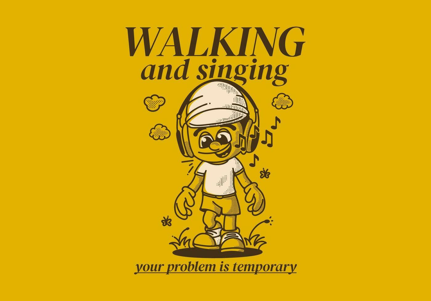 caminando y cantando. Clásico ilustración de un caminando chico vistiendo auriculares vector