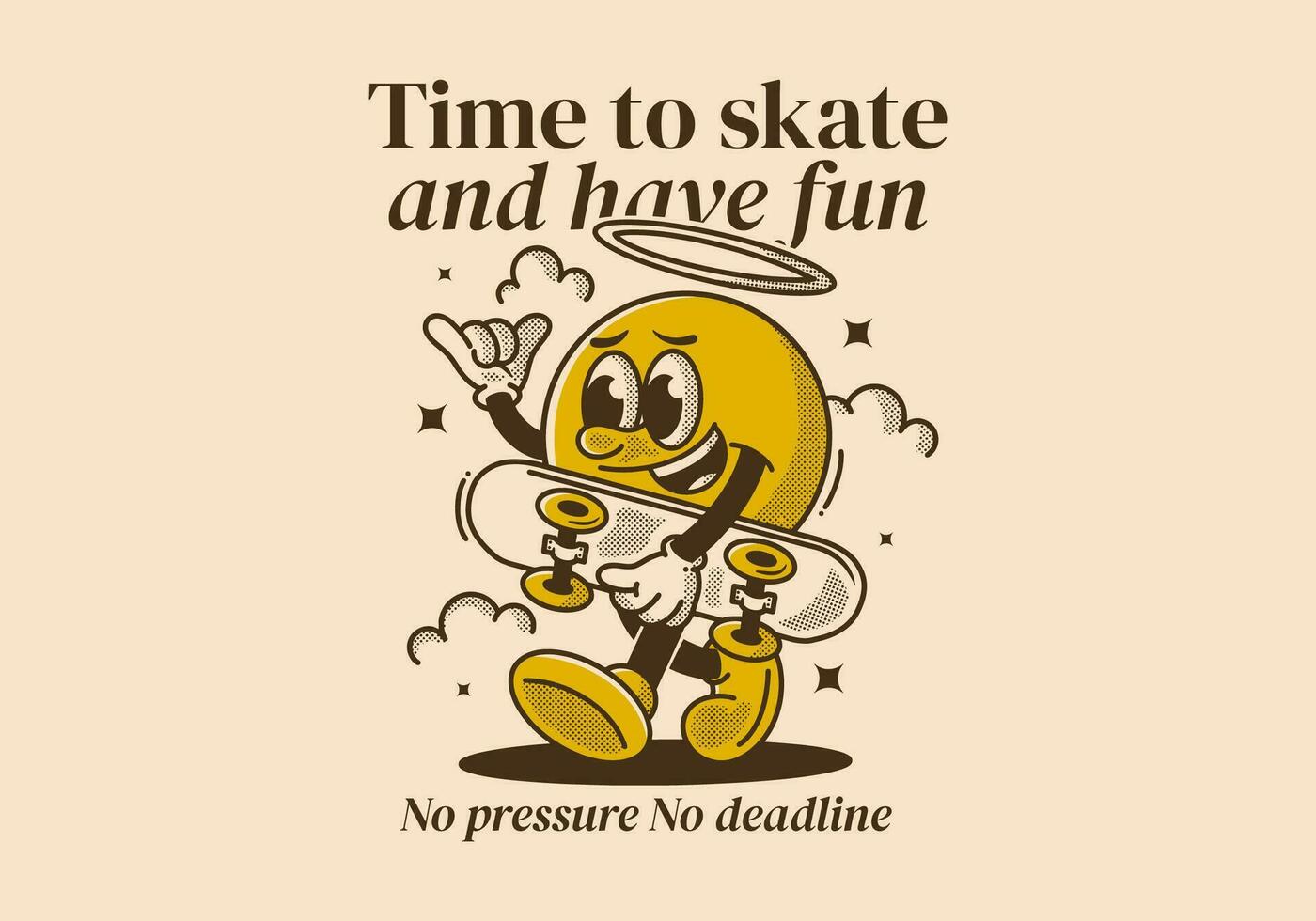 Time to skate and have fun. Walking ball head character holding a skate board vector