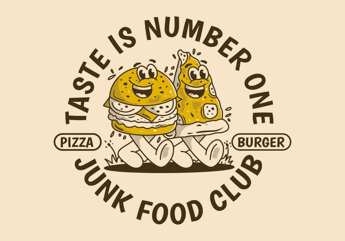 Junk Food club, taste is number one. Character illustration of walking burger and pizza vector