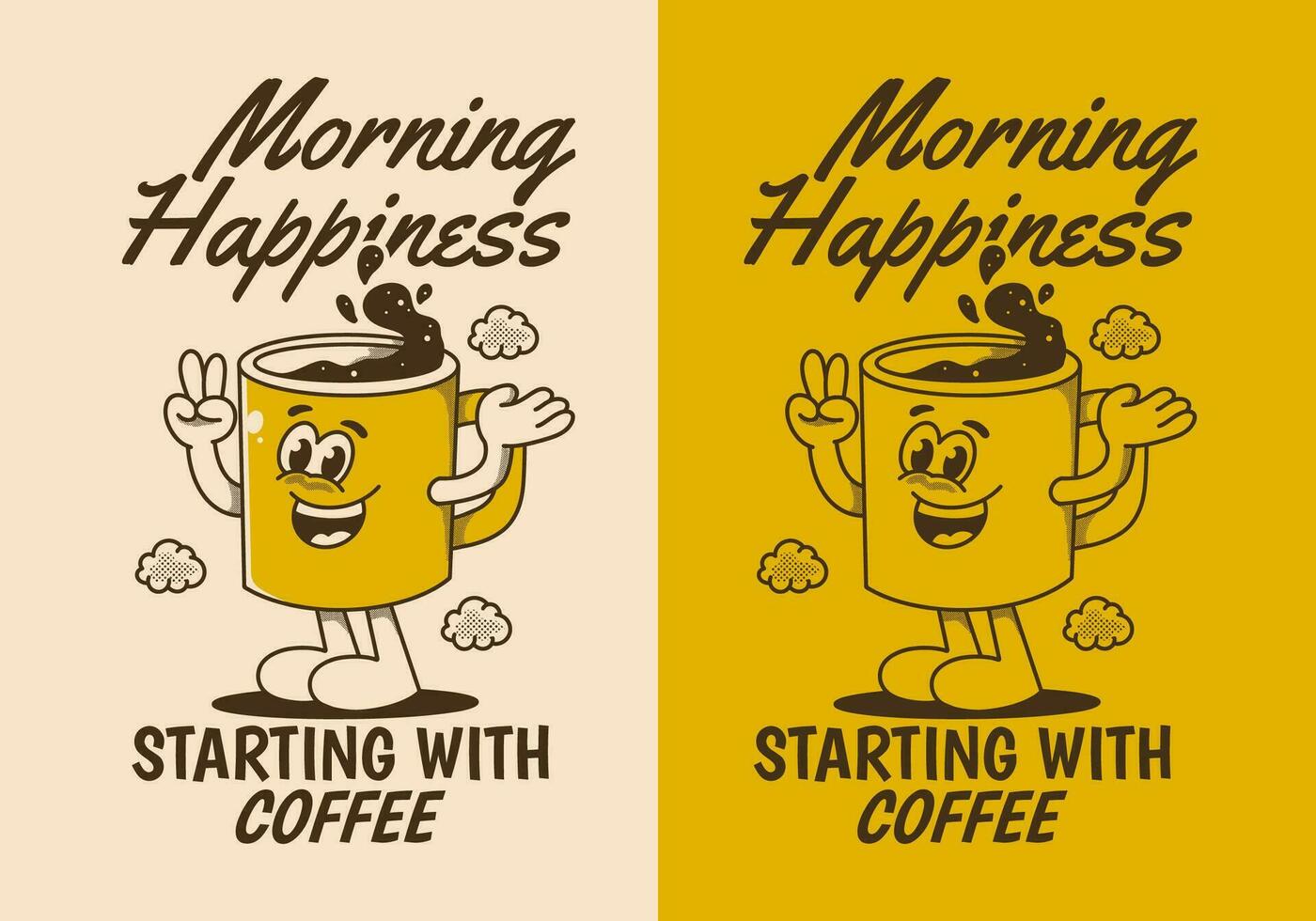 Morning happiness starting with coffee. Vintage character of coffee mug with happy face vector