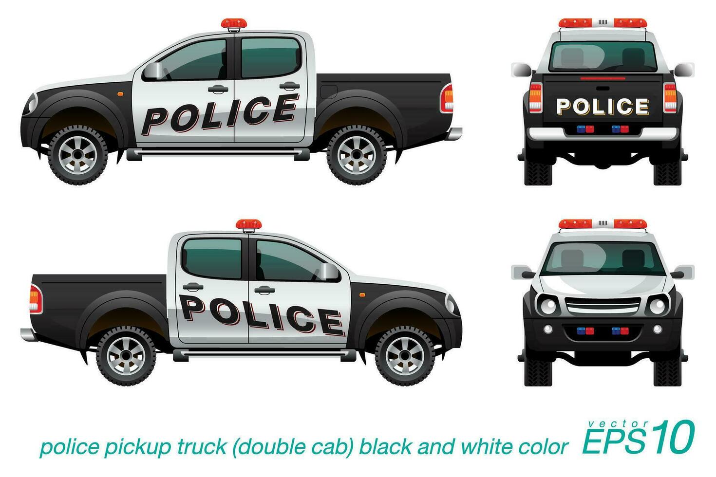 Pickup Truck Police Car Black and White Color with Red Siren vector