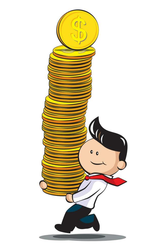 Businessman Running Carry Coin in His Arm, Cartoon Vector. vector