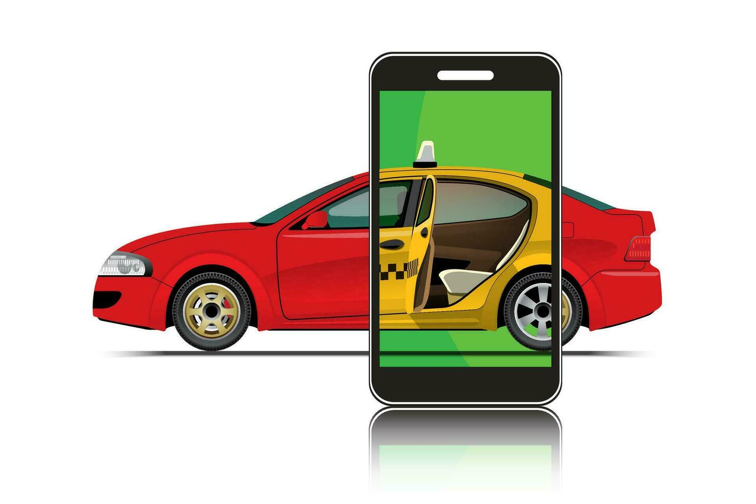 Red Car Behind Smartphone and Yellow Taxi Car Open Back Door Reflect on Screen. vector