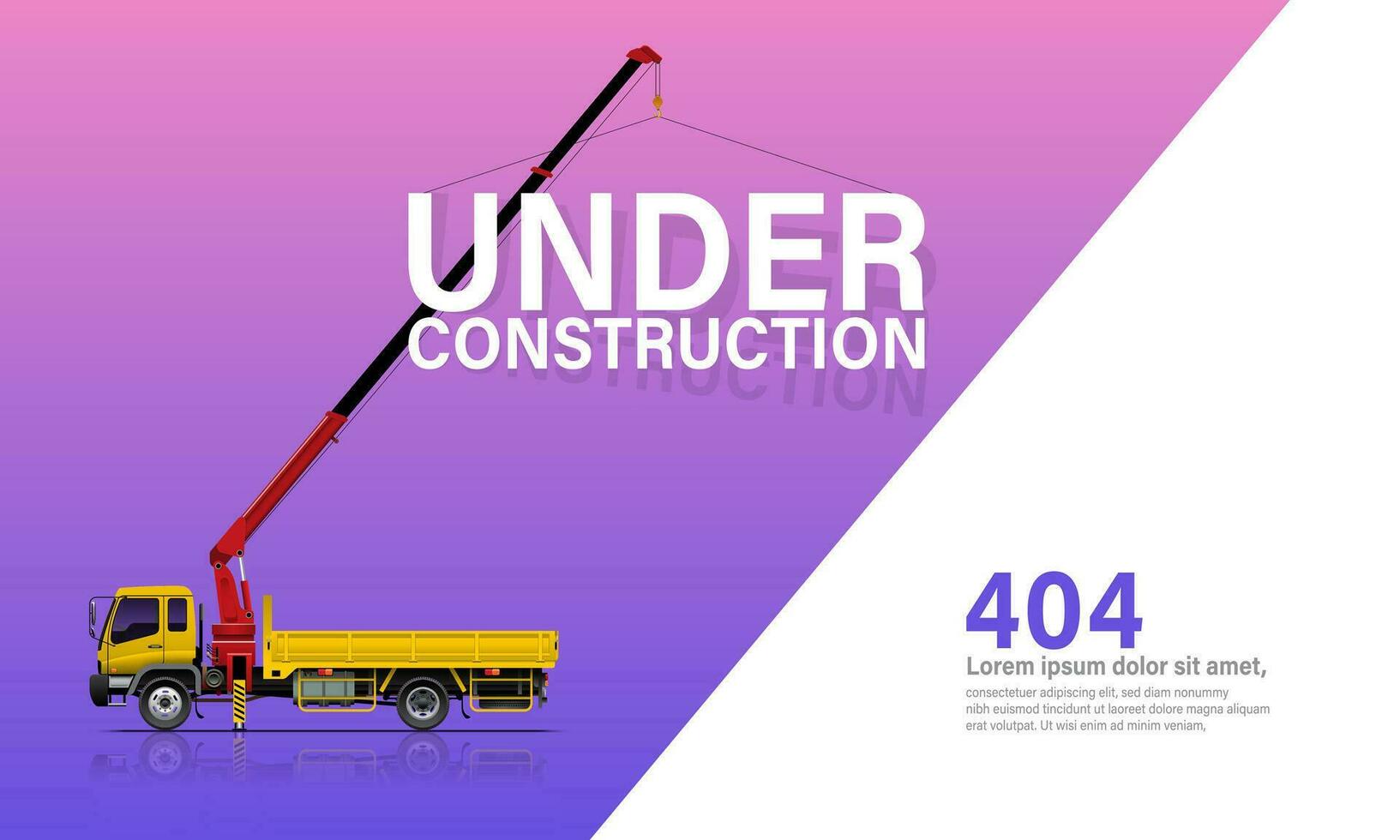 Under Construction Template, Yellow Truck with Crane on Purple Gradient Background. vector