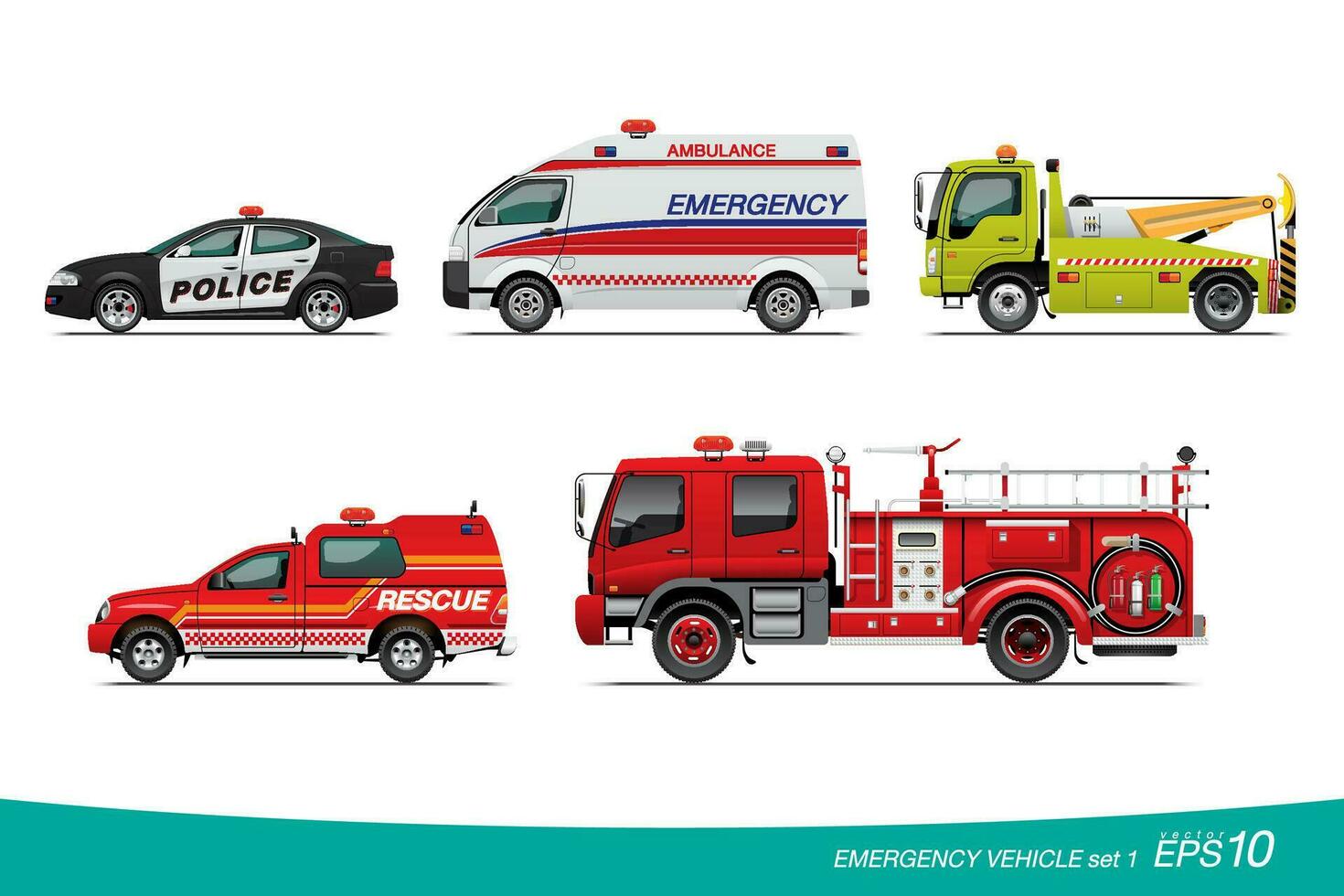 Police Car, Ambulance, Tow Truck, Rescue Pickup, Firetruck, Isolated on White Background. vector