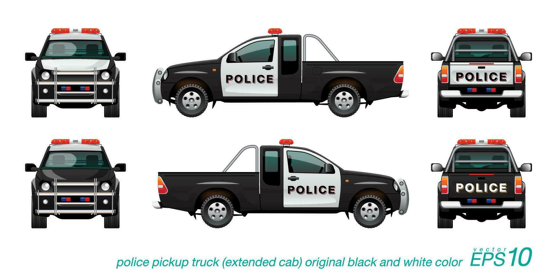 Pickup Truck Police Car Black and White Color with Red Siren vector