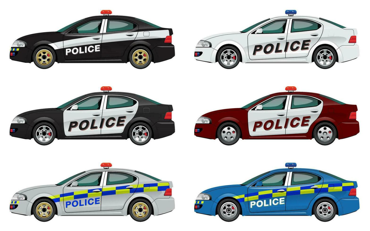 conjunto de policía coche en diferente color con rojo y azul sirena. vector