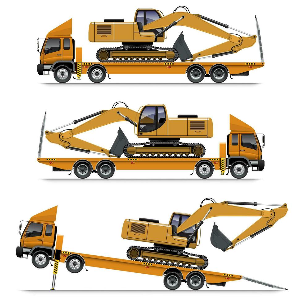 amarillo cama plana camión con excavadoras vector