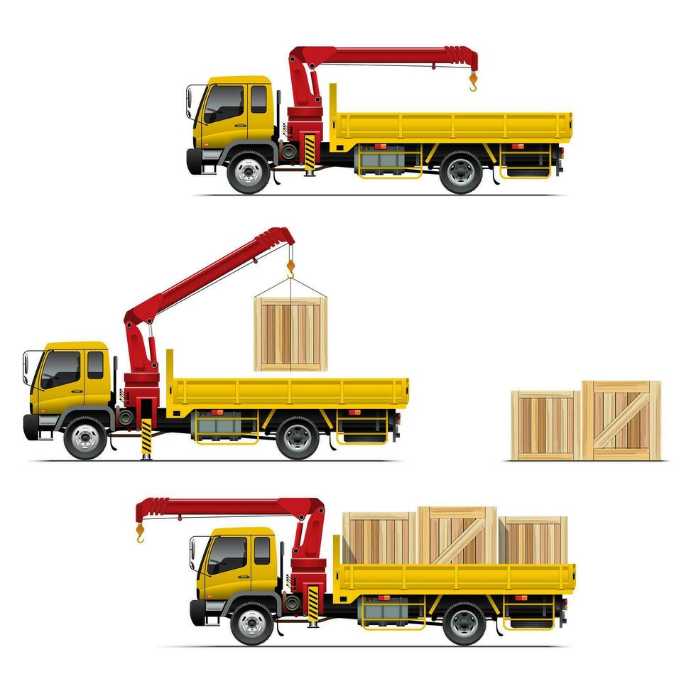 Yellow Flatbed Truck with Red Mounted Crane Lifting a Box on Tray vector