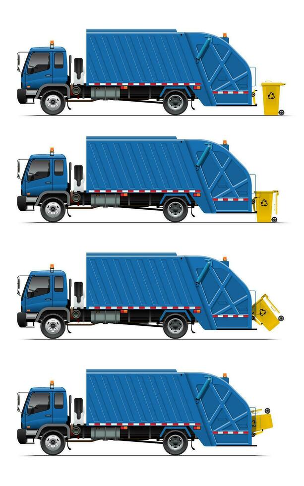 Blue Garbage Truck with Lifter System and Yellow Trash Bin vector