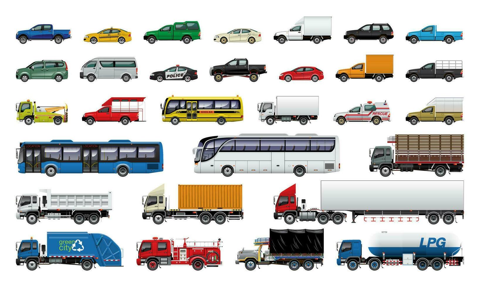 Various Vehicles, Car, Pickup Truck, Van, Bus, Truck, Trailer. vector