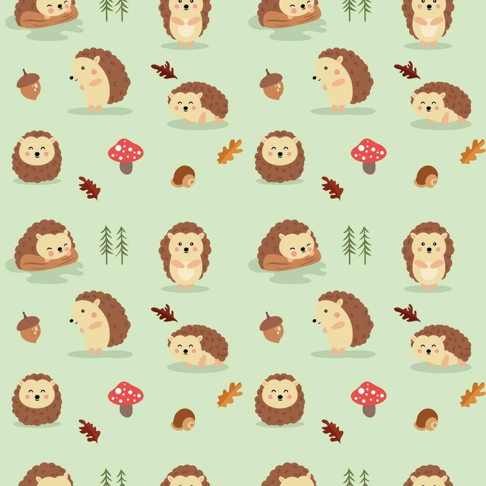 Seamless pattern background with hedgehog and autumn elements vector