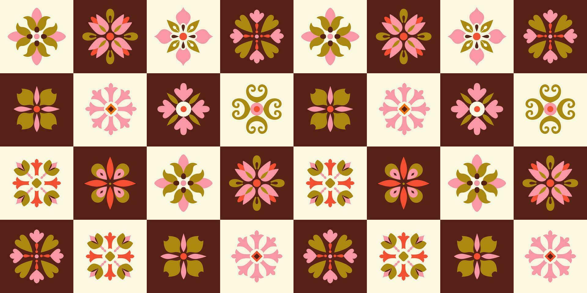 Modern abstract folk tile seamless pattern. Patchwork retro design, mosaic. Ethnic floral and geometric tile background, digital paper, wrapping paper. vector