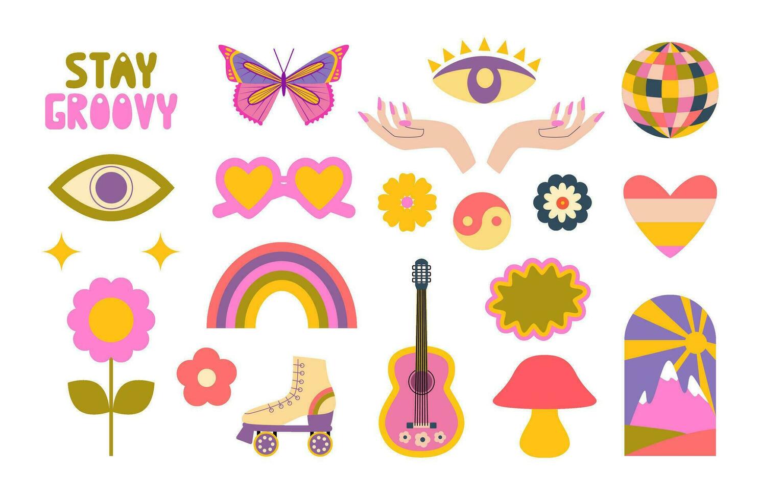 Retro groovy hippie stickers and doodles. Stay groovy. Rainbow, psychedelic mushrooms, groovy flowers, eyes, butterfly, roller skate, guitar. vector