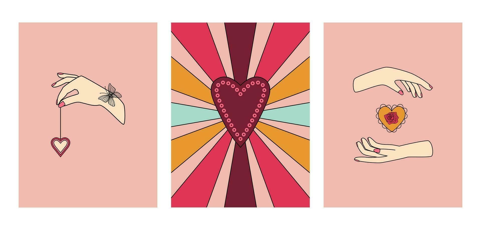 Set of retro vintage Valentine's day greeting cards, flyers, posters. Romantic layout template in groovy mystic style. Pink girly colors. Hands holding hearts, hypnotic swirl background, rose. vector