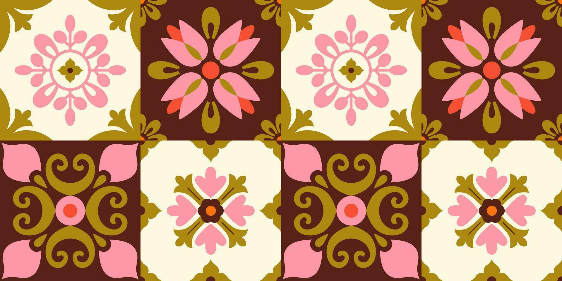 Modern azulejo tile seamless pattern. Retro floral geometric background. Mediterranean talavera design. Abstract mosaic, patchwork. vector