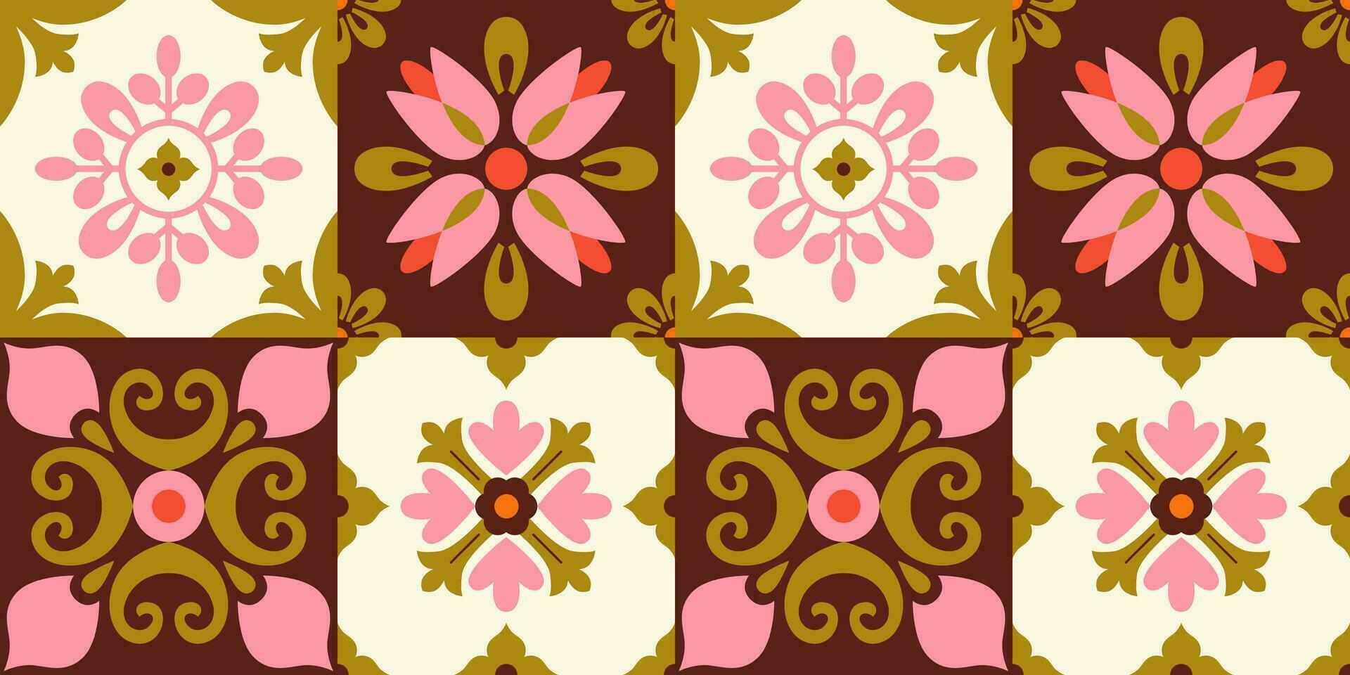 Modern azulejo tile seamless pattern. Retro floral geometric background. Mediterranean talavera design. Abstract mosaic, patchwork. vector