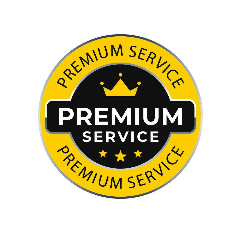 Premium service round label with crown and stars. Shiny, glossy, luxury, modern flat vector style. For icon, logo, seal, tag, sign, seal, symbol, badge, stamp, sticker, etc.