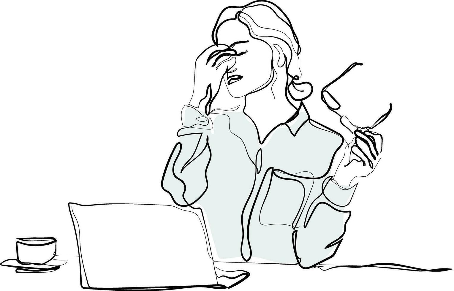 Line art vector of Fatigued businesswoman taking off glasses.