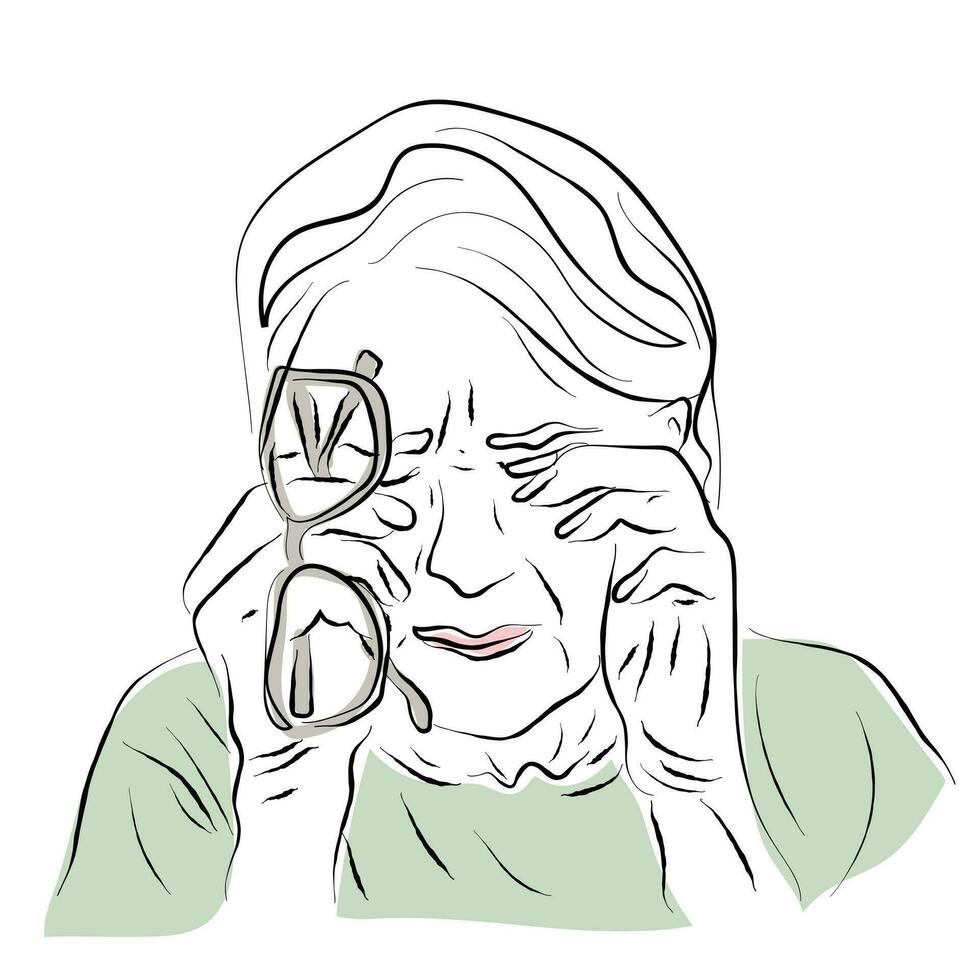 line art of Unhealthy elderly woman take off glasses. vector