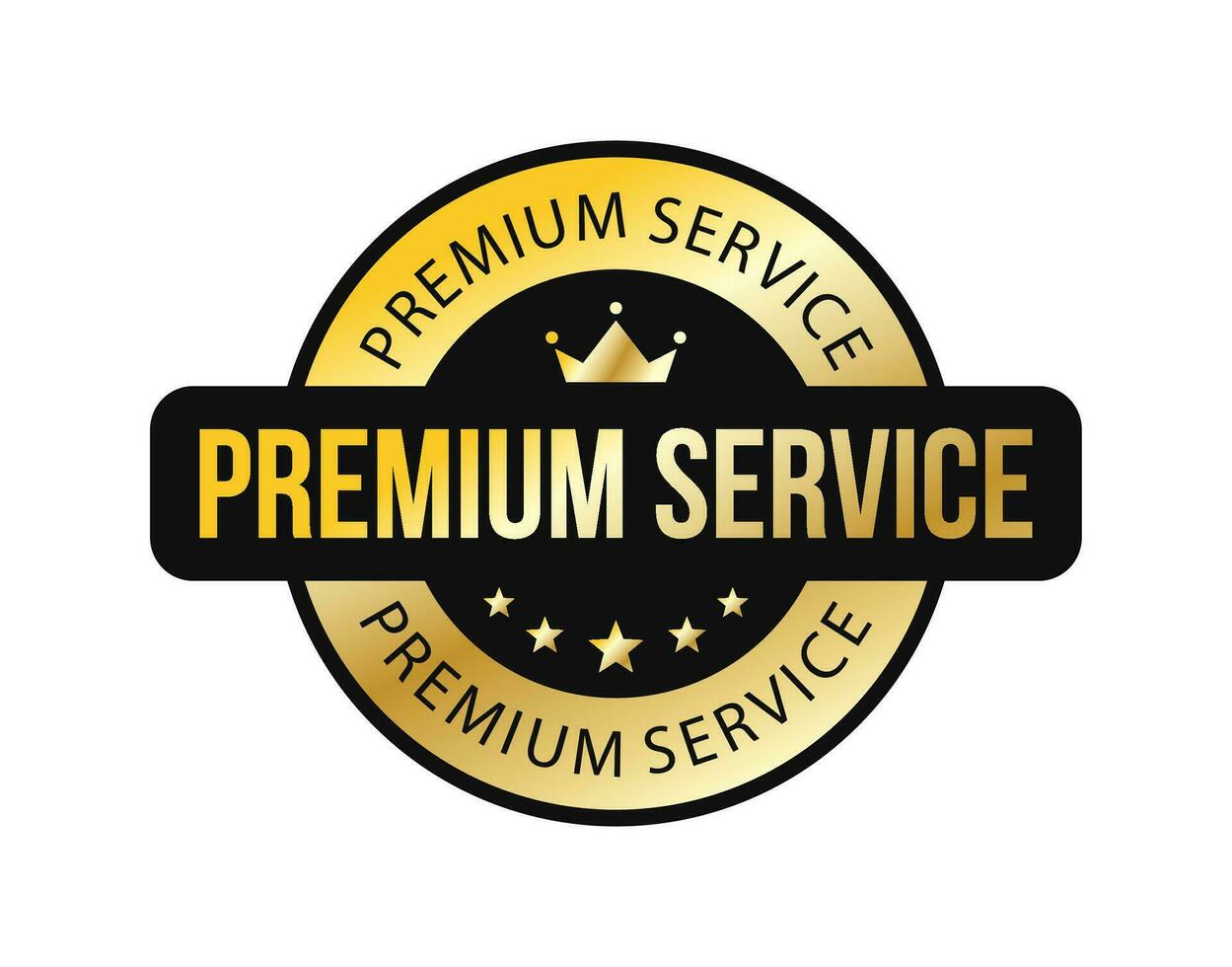 prima Servicio dorado redondo etiqueta con corona y estrellas. brillante, lustroso, lujo, moderno plano vector estilo. para icono, logo, sello, etiqueta, firmar, sello, símbolo, insignia, estampilla, pegatina, etc.