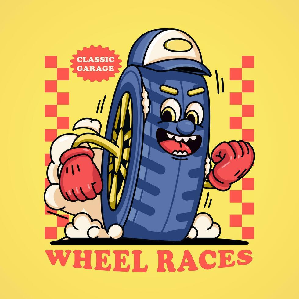 Wheel racing retro mascot character. Suitable for logos, mascots, t-shirts, stickers and posters vector