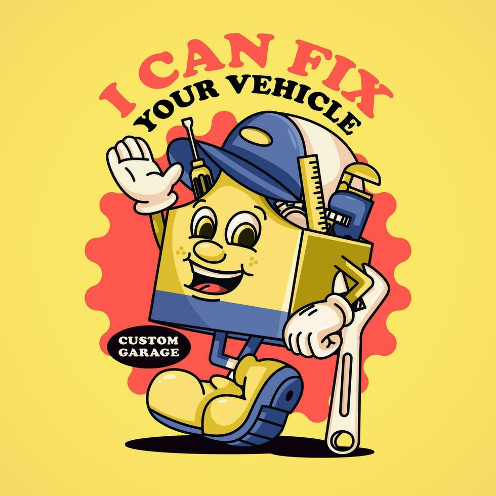Workshop toolbox retro mascot character holding a wrench. Suitable for logos, mascots, t-shirts, stickers and posters vector