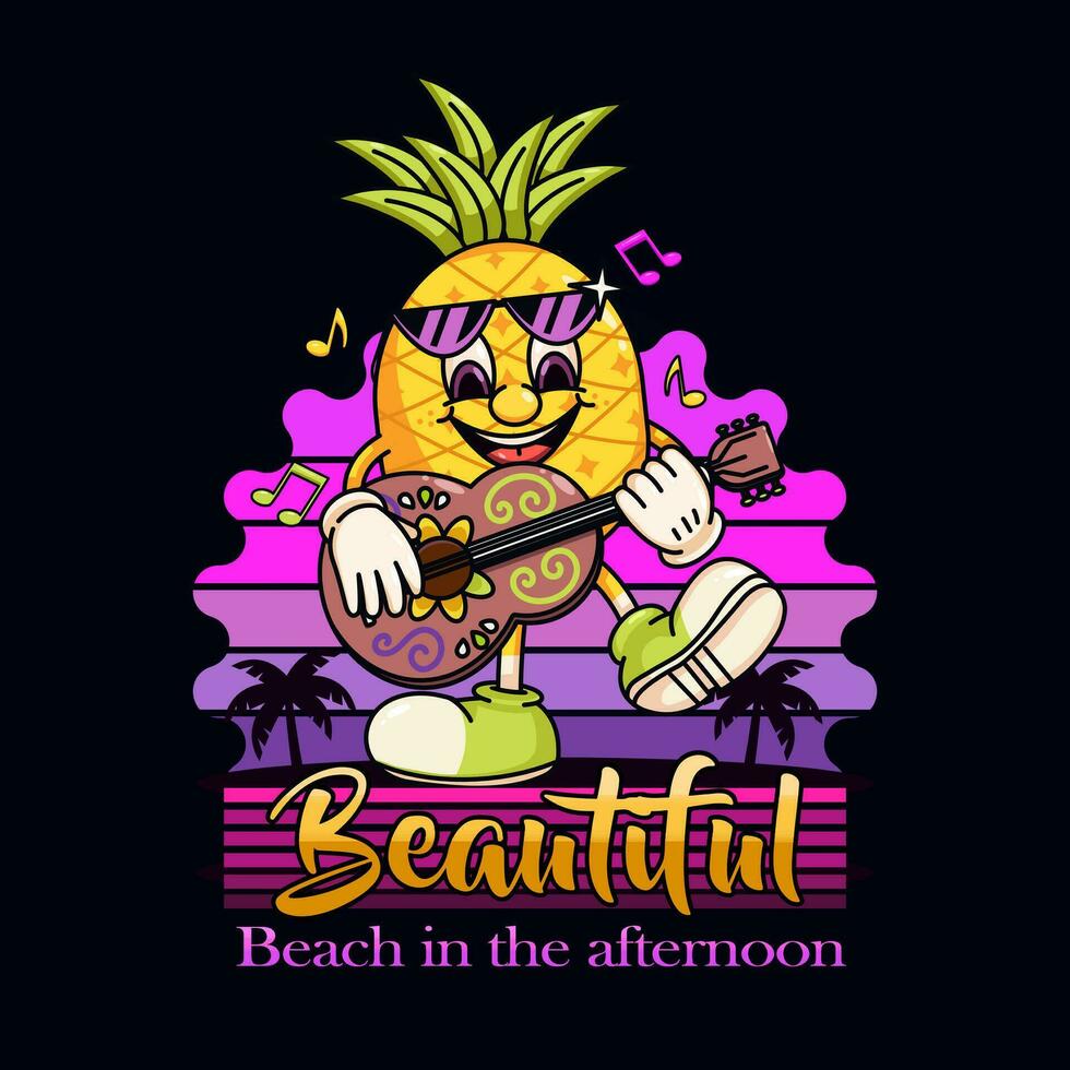 piña personaje mascota jugando guitarra en el playa. adecuado para logotipos, mascotas, camisetas, pegatinas y carteles vector