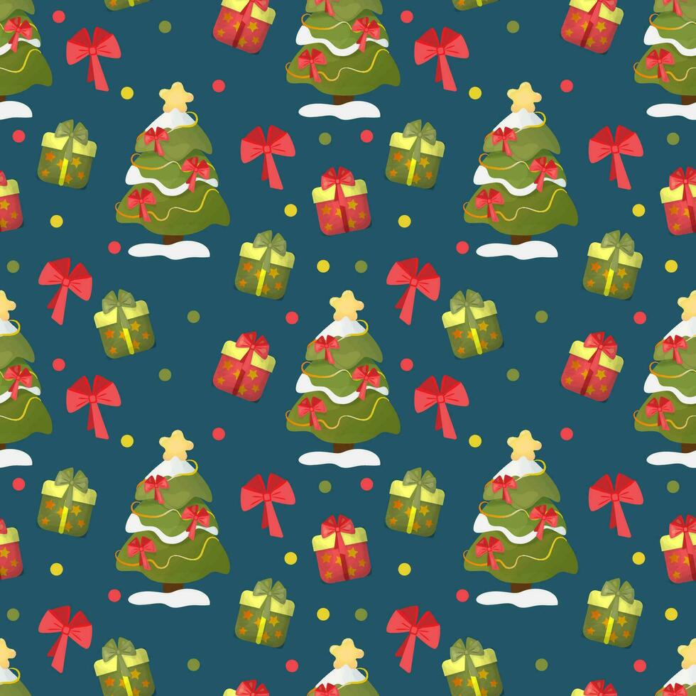 Seamless pattern of winter Christmas trees on snow. Vector New Year background. Blue texture with Christmas tree and gifts for print, paper, design, fabric, decoration, gift wrapping.