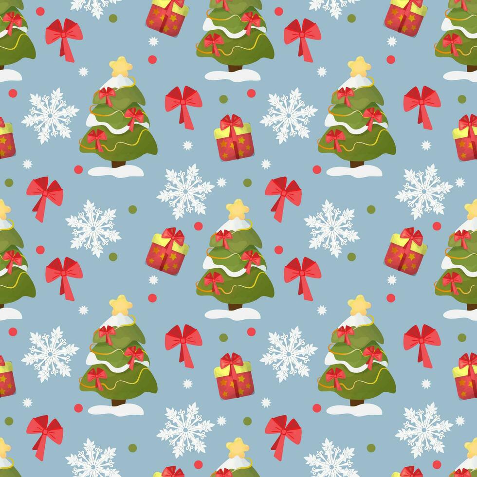 Seamless pattern of Christmas trees and snowflakes on blue background. New Year vector background for print, paper, design, fabric, decor, gift wrapping, background.