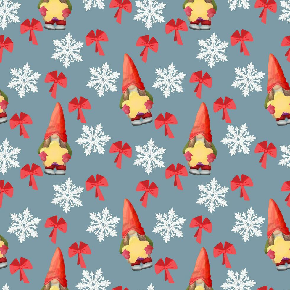 Seamless background pattern featuring an adorable gnome with a star and snowflakes. Blue winter background for printing on winter fabric, shaping gift paper and greeting cards. vector