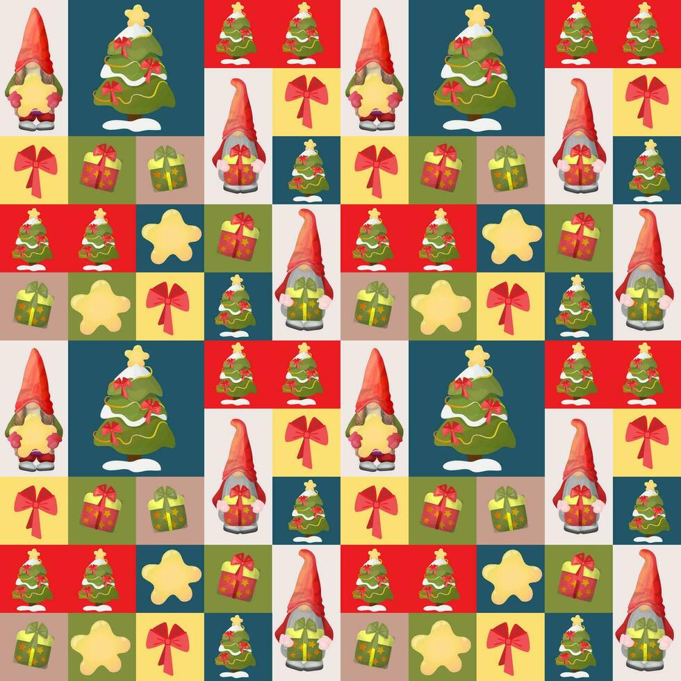 Winter seamless pattern with squares for wrapping paper, printing on bags, pillows, clothes. Christmas seamless patchwork style vector pattern with star, Christmas tree, gnomes, gifts and bows.