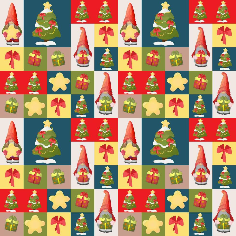 invierno sin costura modelo con cuadrícula para envase papel, impresión en bolsas, almohadas, ropa. Navidad sin costura labor de retazos estilo vector modelo con estrella, Navidad árbol, gnomos, regalos y arcos