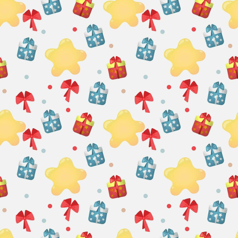 Winter holiday seamless background for wrapping, fabric, textile, surface, web design and print. Vector pattern with stars, bows and gifts.