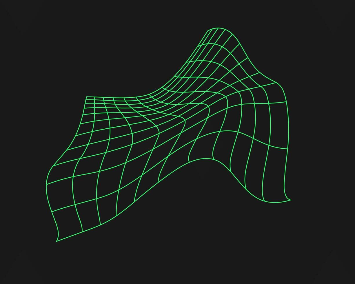 Distorted cyber grid. Cyberpunk geometry element y2k style. Isolated green mesh on black background. Vector fashion illustration.