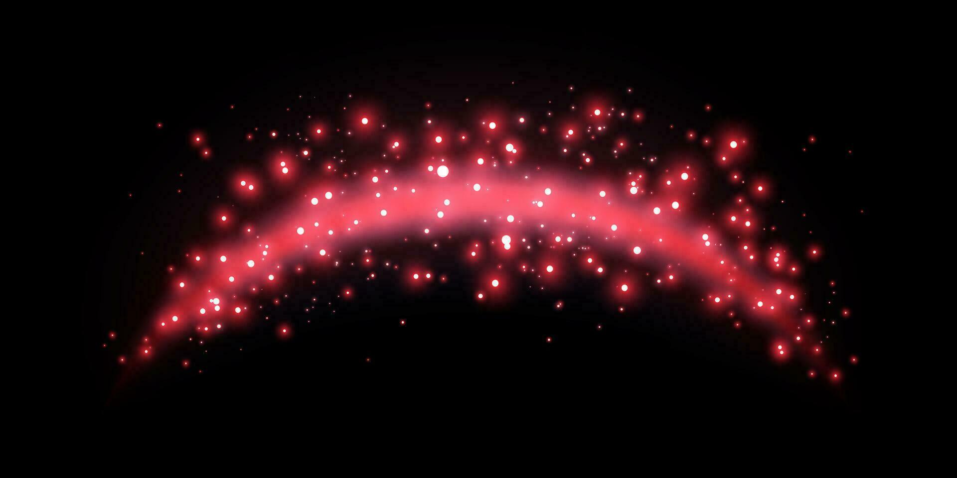 Red magic arch with glowing particles, sparkles and dots. Neon realistic energy flare arch. Abstract light effect on a black background. Vector illustration.