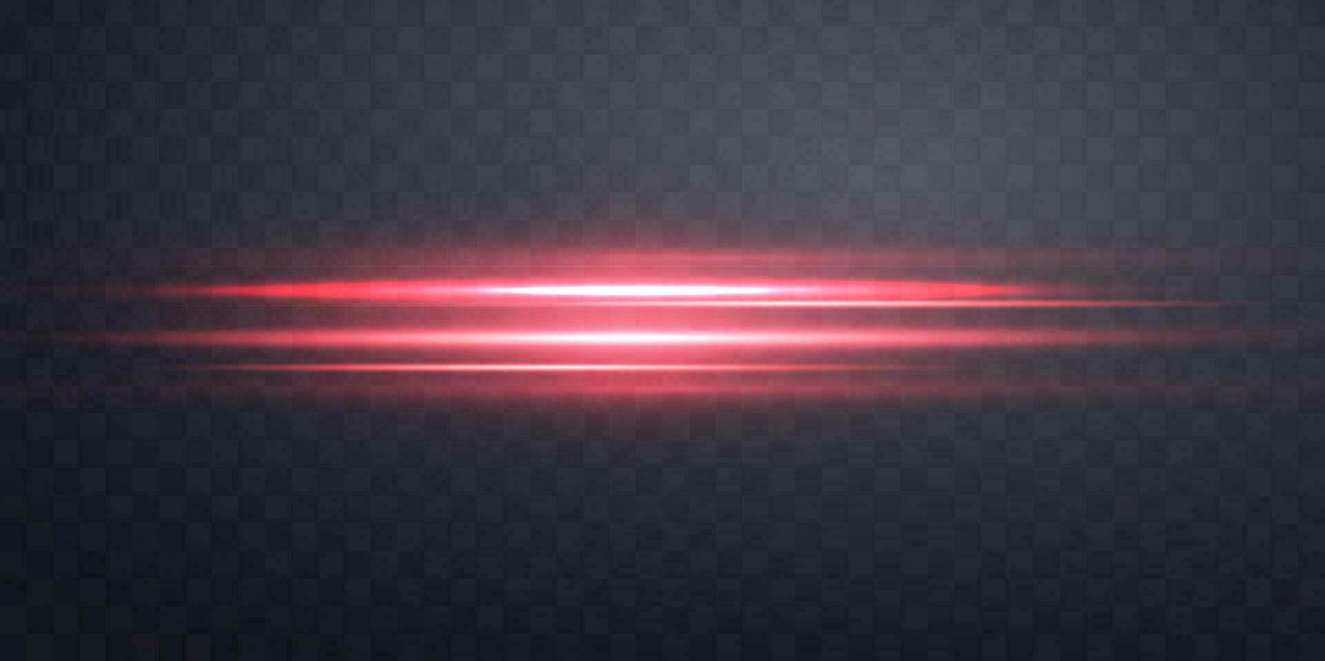 Red horizontal lensflare. Light flash with rays or spotlight and bokeh. Red glow flare light effect. Vector illustration.