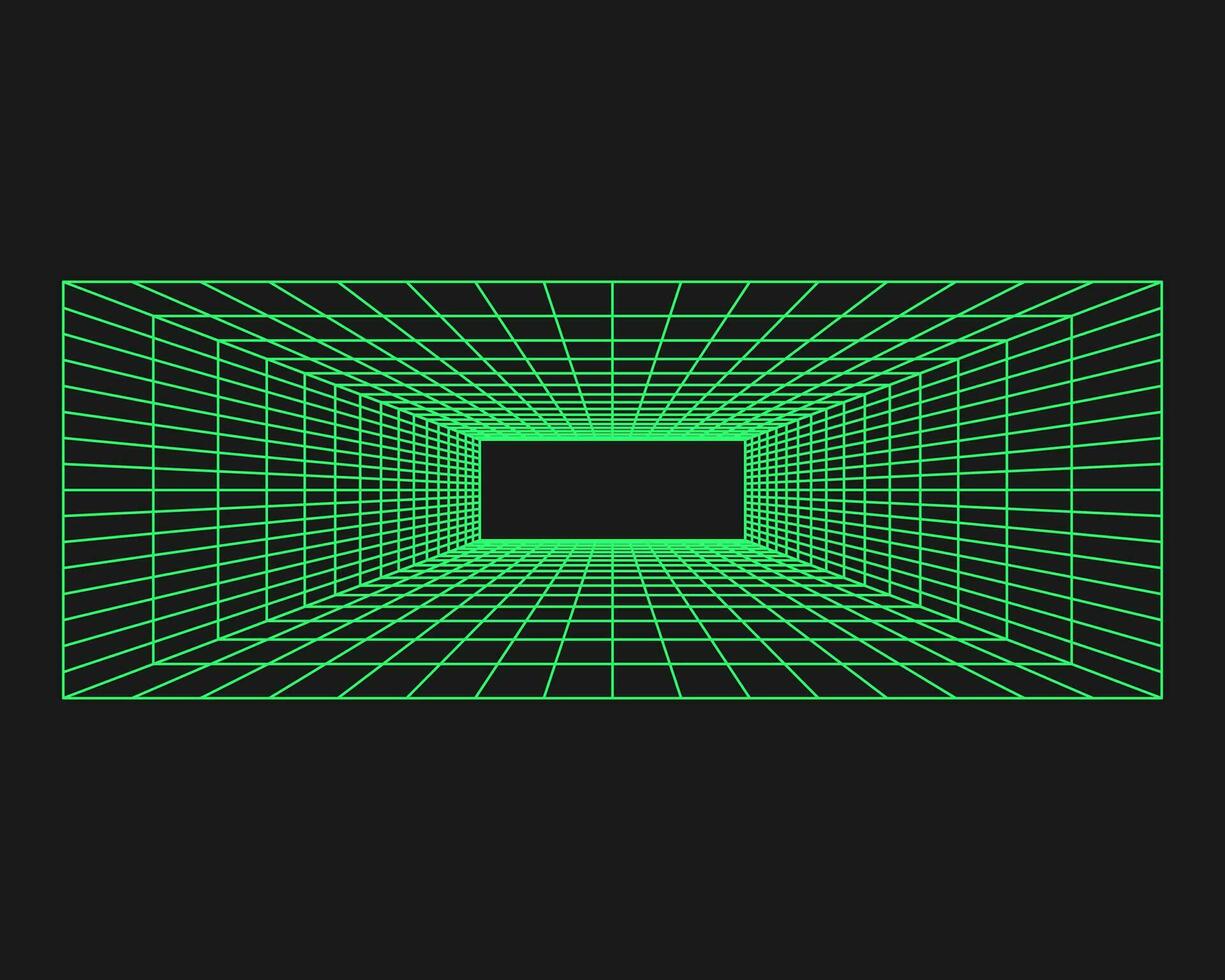 Cyberpunk perspective tunnel. Cyber geometry y2k element. Isolated style on black background. Vector trendy illustration.