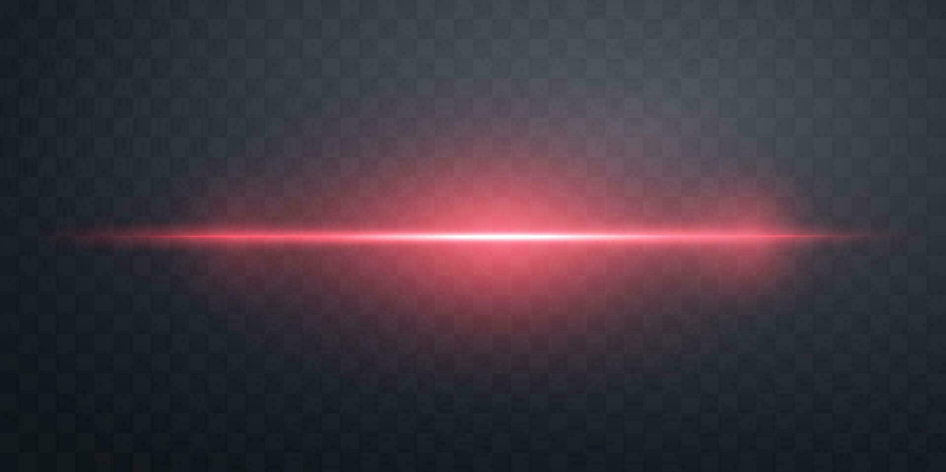 Red horizontal lensflare. Light flash with rays or spotlight and bokeh. Red glow flare light effect. Vector illustration.