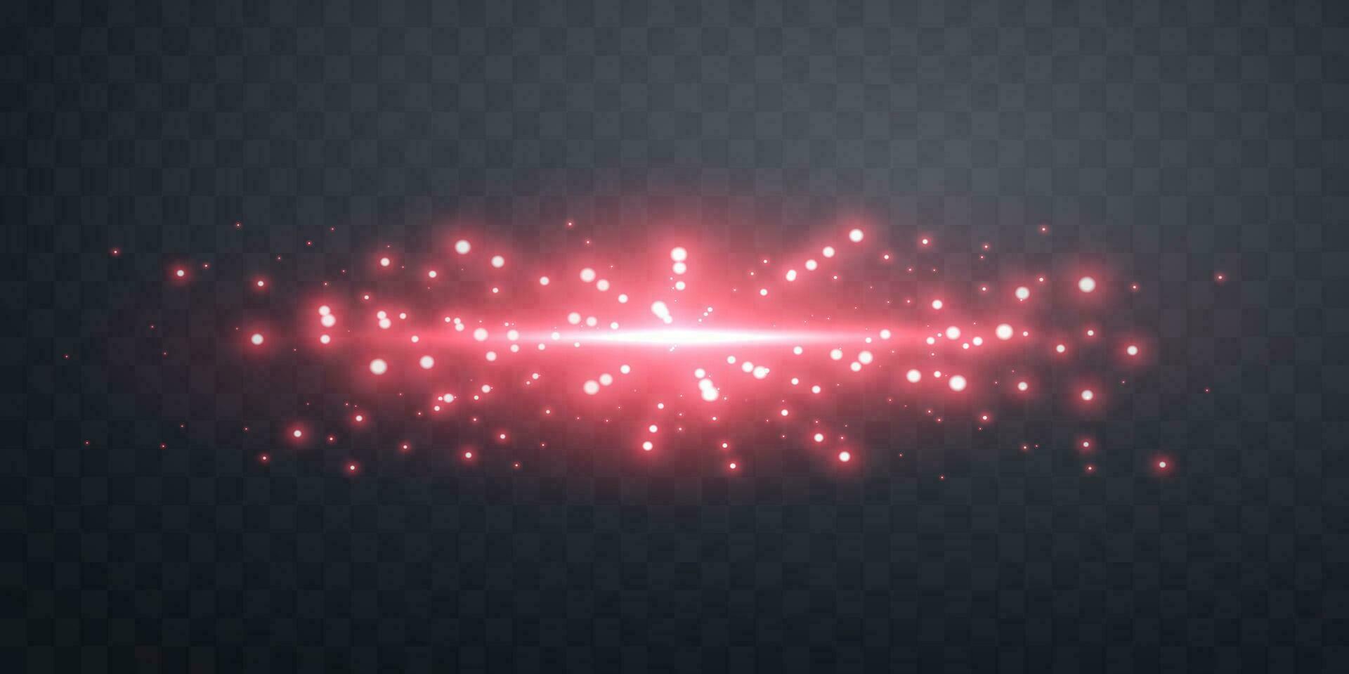 Red horizontal lensflare. Light flash with rays or spotlight and bokeh. Red glow flare light effect. Vector illustration.