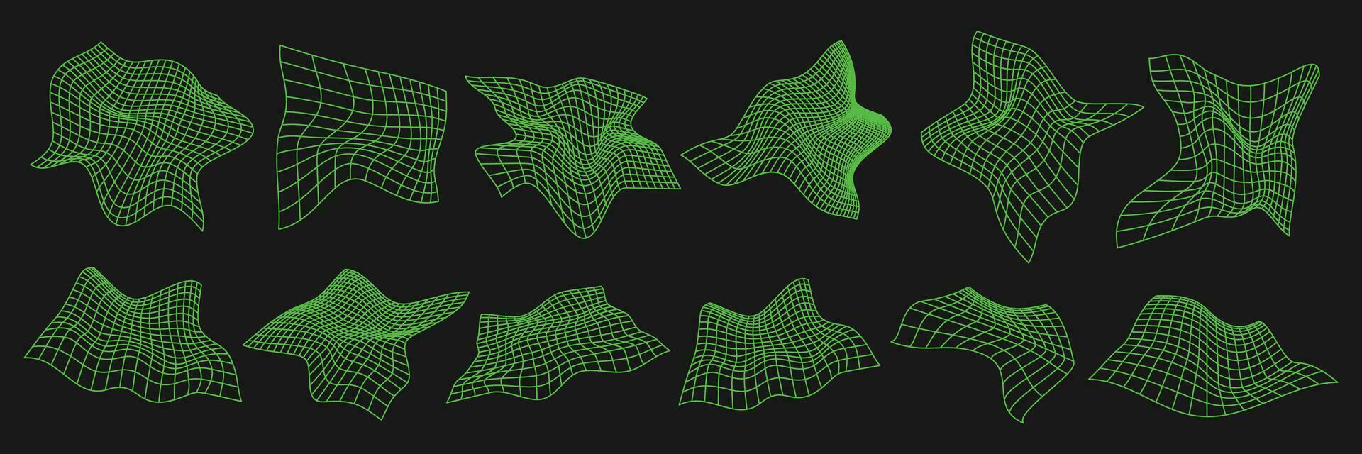 Cyber distorted grids, retro punk design elements set. Wireframe wave geometry mesh on black background. Vector illustration.