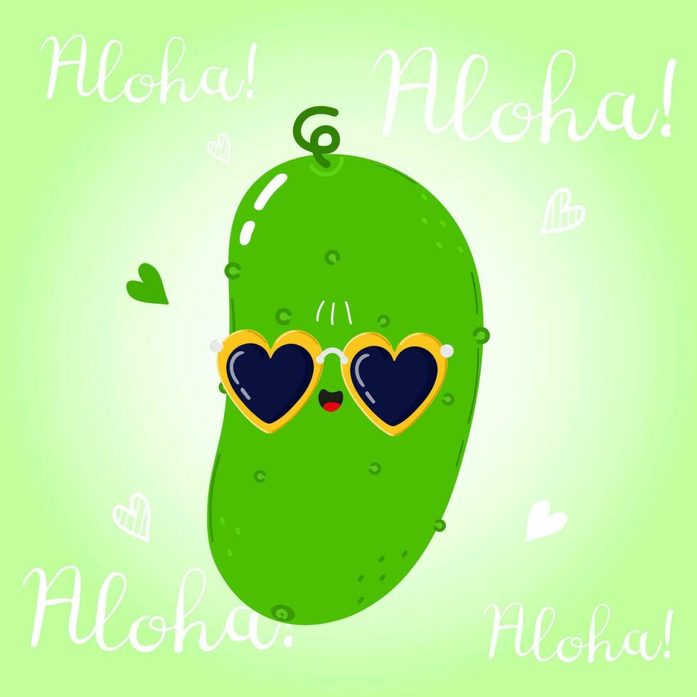 Cute funny Cucumber character. Vector hand drawn cartoon kawaii character illustration icon. Isolated on green background. Cucumber character concept. Aloha card