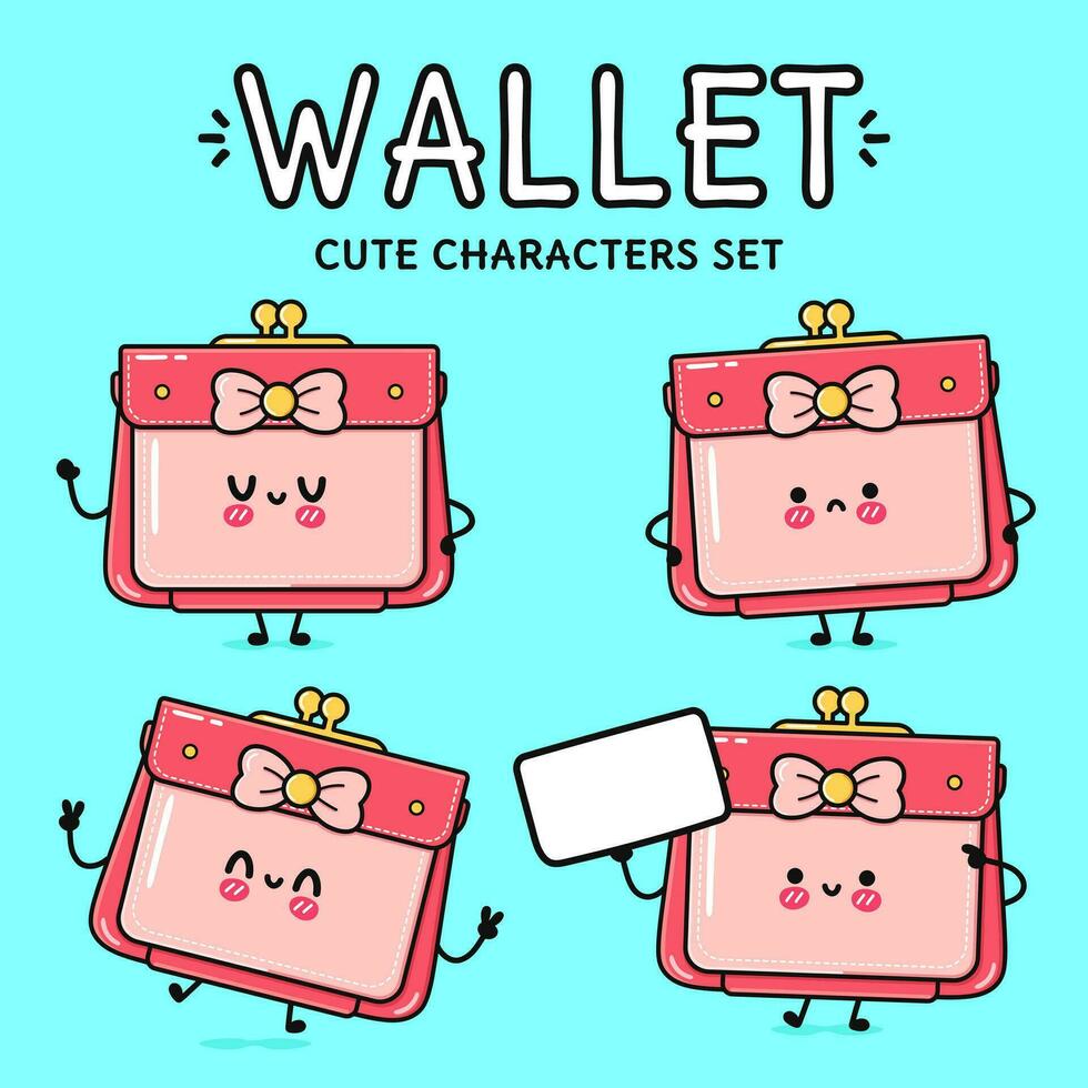 Funny cute happy Women's wallet characters bundle set. Vector hand drawn doodle style cartoon character. Isolated on blue background. Women's wallet character collection