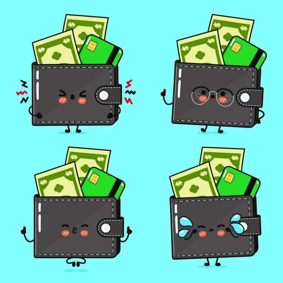 Funny cute happy Wallet with money and credit card characters bundle set. Vector hand drawn doodle style cartoon character. Isolated on blue background. Wallet with money character collection