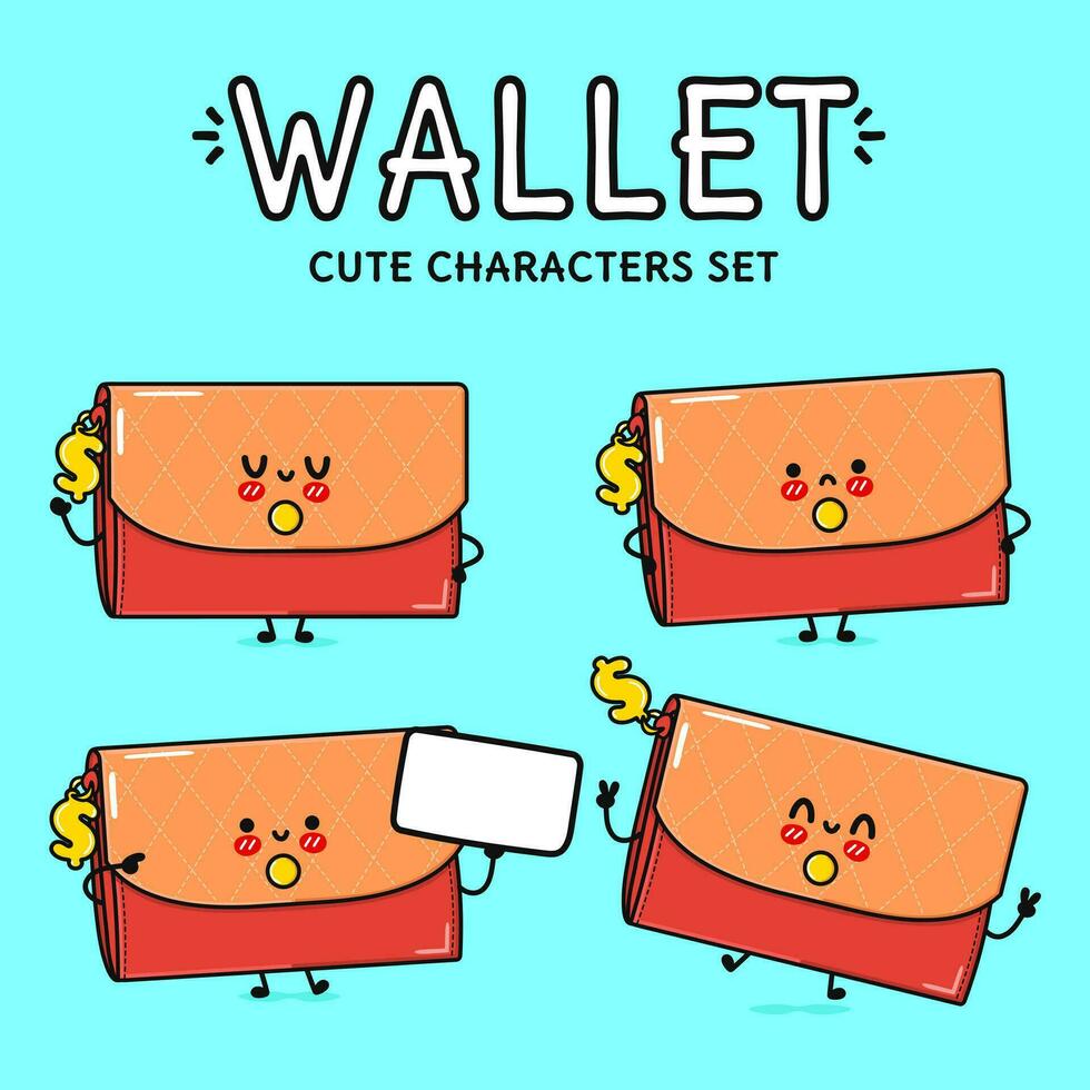 Funny cute happy Women's wallet characters bundle set. Vector hand drawn doodle style cartoon character. Isolated on blue background. Women's wallet character collection