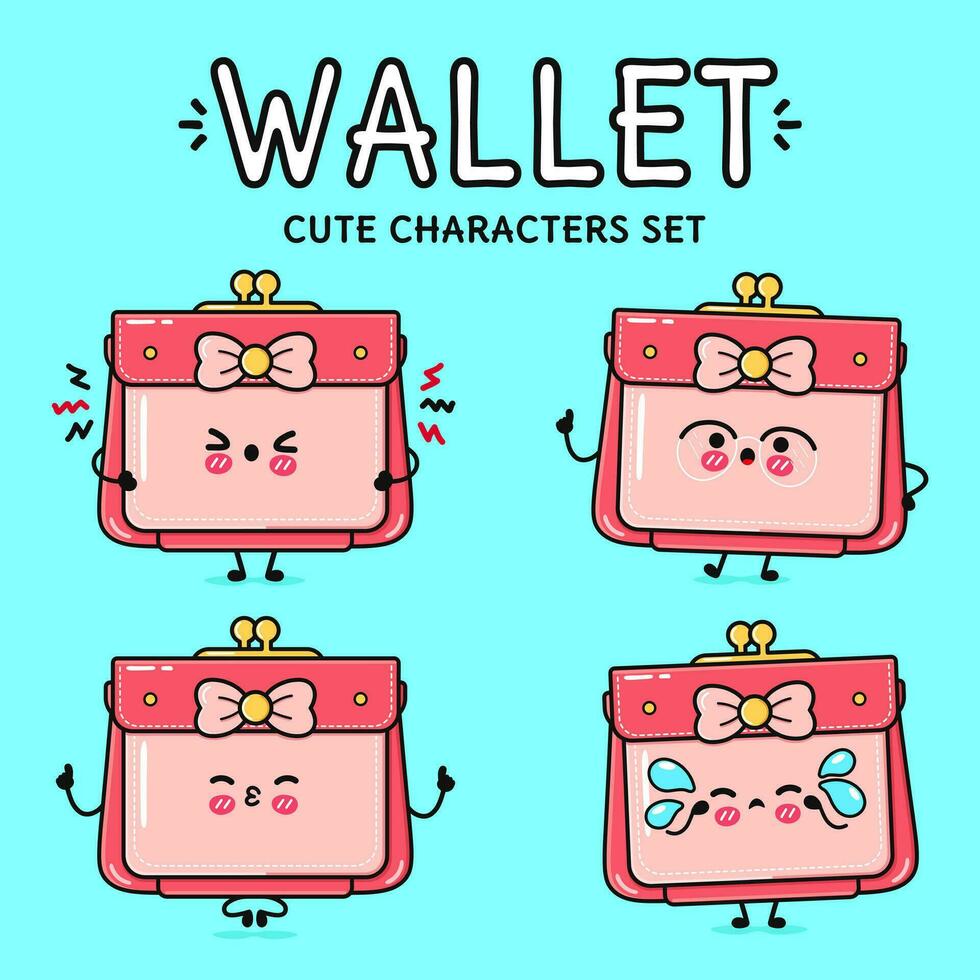 Funny cute happy Women's wallet characters bundle set. Vector hand drawn doodle style cartoon character. Isolated on blue background. Women's wallet character collection