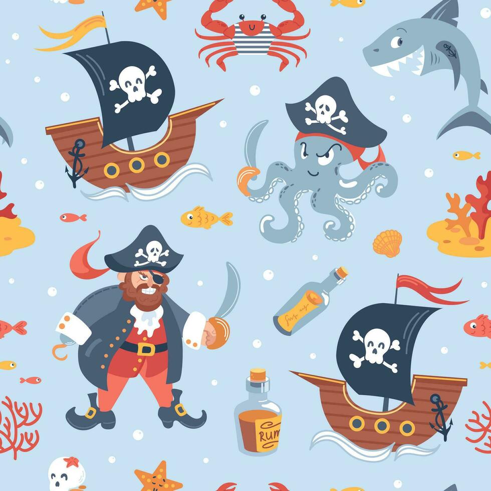 Childrens pirate seamless pattern. Cartoon characters. Corsair Captain with hook and cocked hat. Shark, Ship and octopus, crab in vest, skull, starfish. Bottle, corals. For wallpaper, fabric, wrapping vector