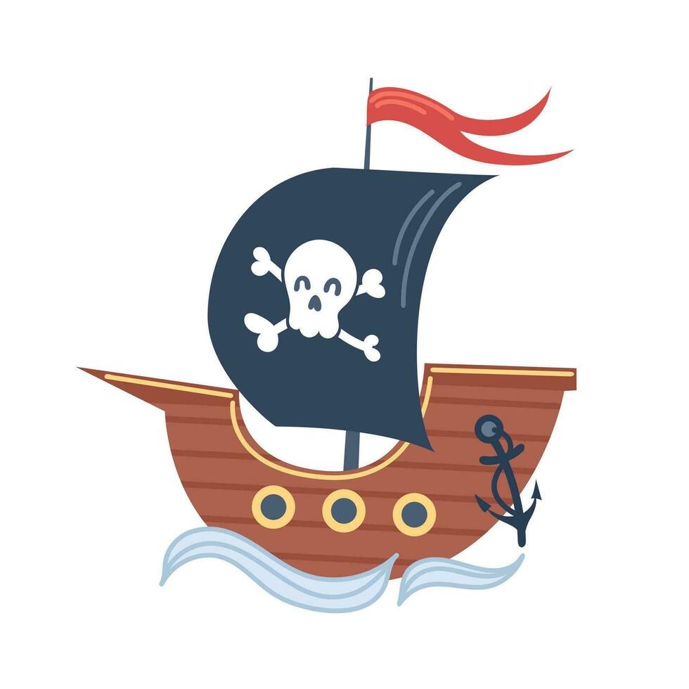 linda para niños pirata Embarcacion en dibujos animados estilo. alegre recibido, aventuras y viajes. vector plano ilustración . para pegatinas, carteles, postales, diseño elementos.